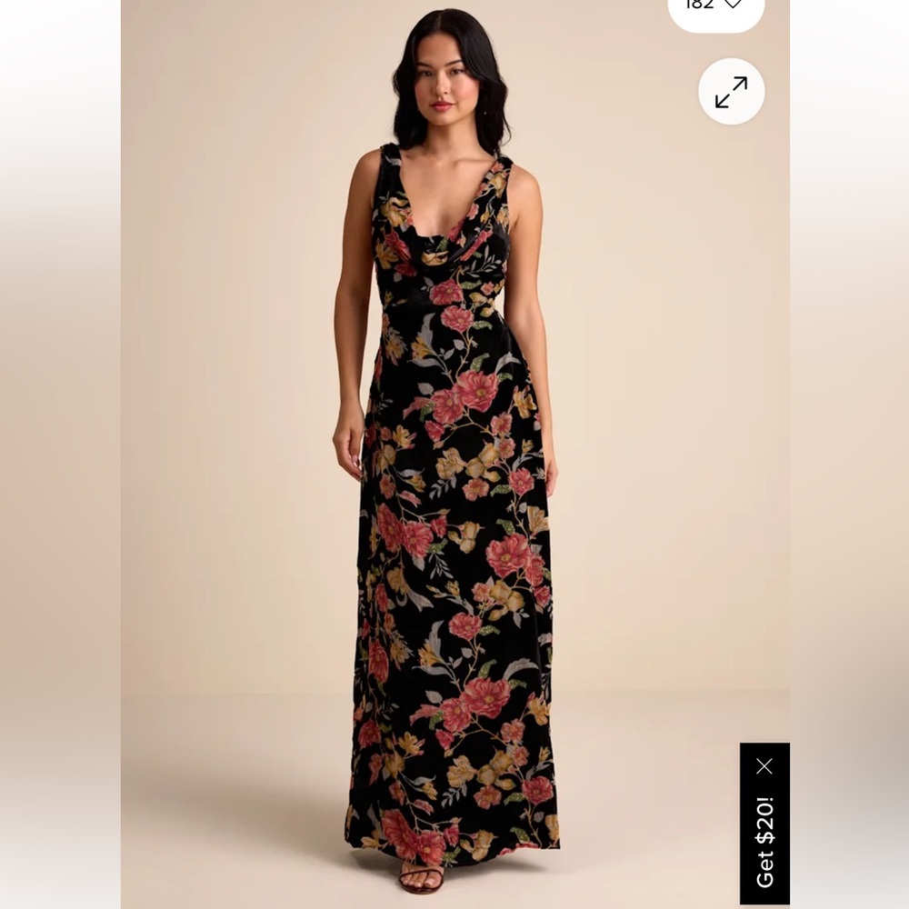 NWT Lulus Prim Black Multi Floral Burnout Velvet Cowl Back Maxi Dress - Size L - Picture 2 of 4